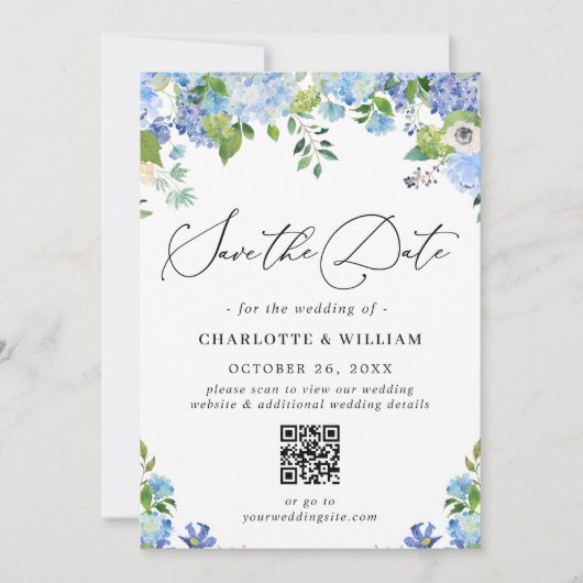 Elegant Blue Hydrangea Greenera Foto Wedding QR Save The Date (Vorderseite)