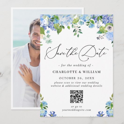 Elegant Blue Hydrangea Greenera Foto Wedding QR Save The Date (Vorne/Hinten)
