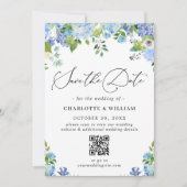 Elegant Blue Hydrangea Greenera Foto Wedding QR Save The Date (Vorderseite)