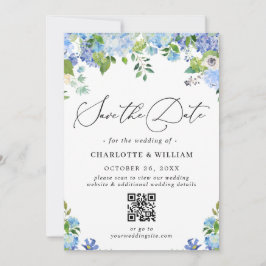 Elegant Blue Hydrangea Greenera Foto Wedding QR Save The Date