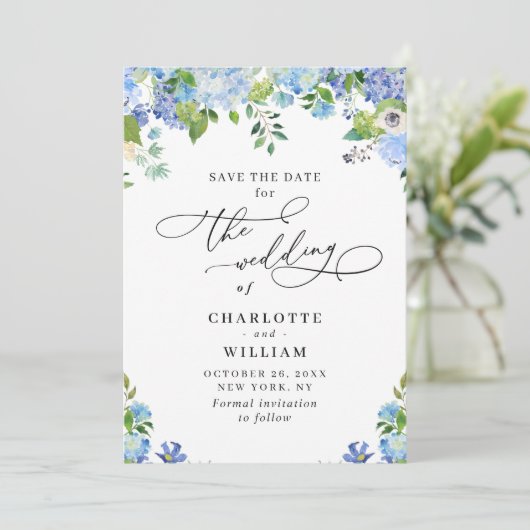 Elegant Blue Hydrangea Greenera Wedding Foto Save The Date (Stehend Vorderseite)