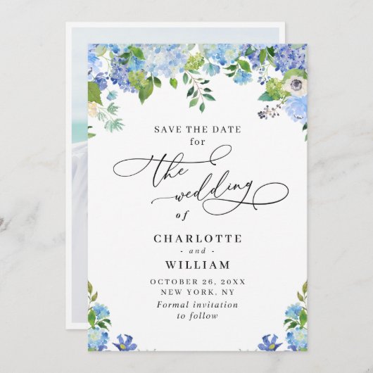 Elegant Blue Hydrangea Greenera Wedding Foto Save The Date (Vorne/Hinten)