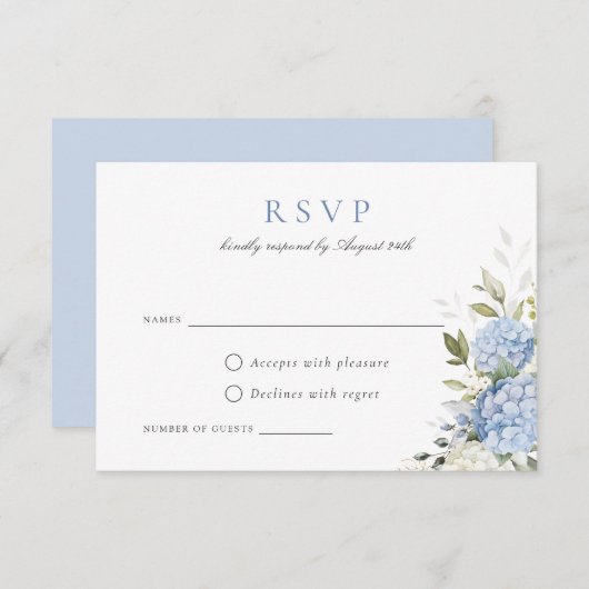 Elegant Blue Hydrangea Greenera Wedding RSVP Card Einladung (Vorne/Hinten)