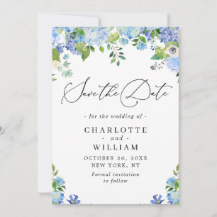 Elegant Blue Hydrangea Greeneria Wedding QR Save The Date