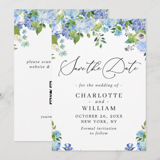 Elegant Blue Hydrangea Greeneria Wedding QR Save The Date (Vorne/Hinten)
