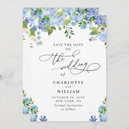 Elegant Blue Hydrangea Grüne Hochzeit Save The Date (Vorne/Hinten)