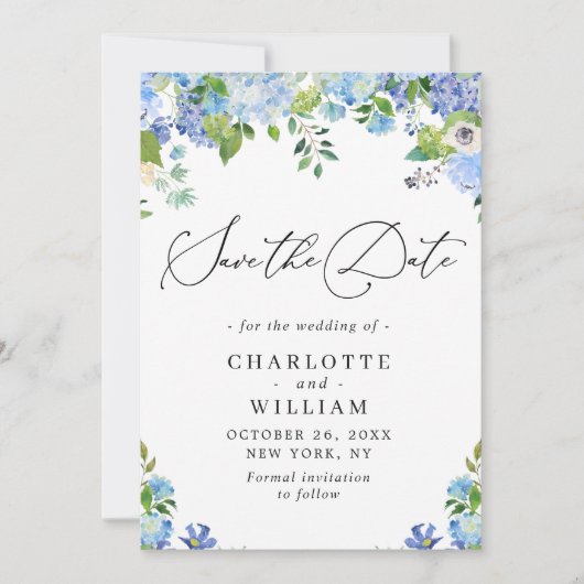 Elegant Blue Hydrangea Grüne Hochzeit Save The Date (Vorderseite)