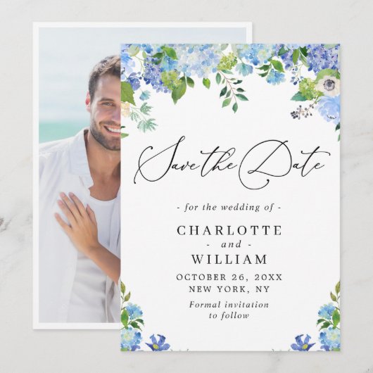 Elegant Blue Hydrangea Grüne Hochzeit Save The Date (Vorne/Hinten)