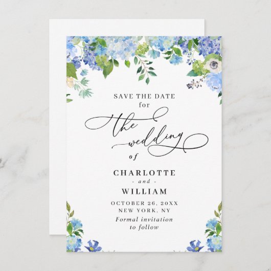 Elegant Blue Hydrangea Grüne Hochzeit Save The Date (Vorne/Hinten)