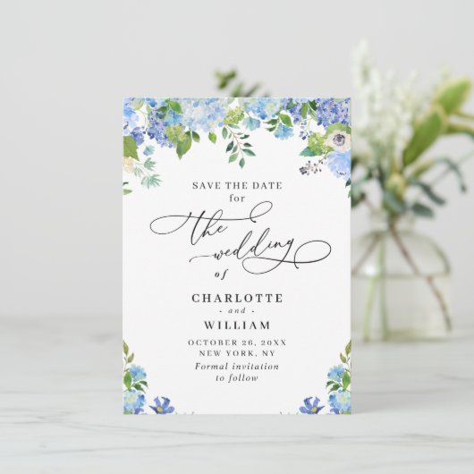 Elegant Blue Hydrangea Grüne Hochzeit Save The Date (Stehend Vorderseite)