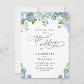 Elegant Blue Hydrangea Grüne Hochzeit Save The Date (Vorderseite)