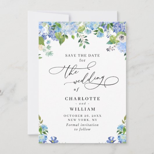 Elegant Blue Hydrangea Grüne Hochzeit Save The Date (Vorderseite)