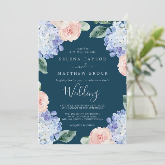 Elegant Blue Hydrangea | Hochzeit der Marine Einladung (Stehend Vorderseite)