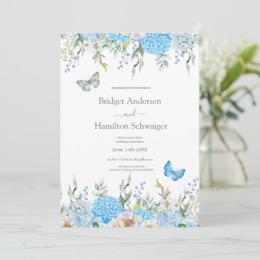 Elegant Blue Hydrangea Hochzeit Einladung (Stehend Vorderseite)