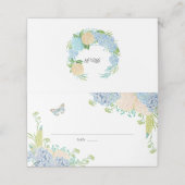 Elegant Blue Hydrangea Hochzeitgedeckte Platzkarte (Außenseite Aufgefaltet)