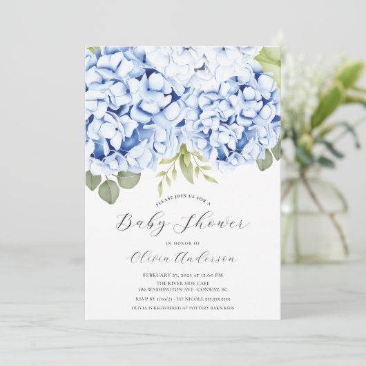 Elegant Blue Hydrangea Kinderdusche Einladung (Stehend Vorderseite)