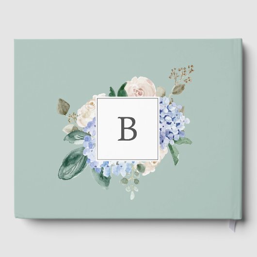 Elegant Blue Hydrangea Monogram Back Wedding Gästebuch (Rückseite)