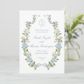 Elegant Blue Hydrangea Monogram Save the Date Einladung (Stehend Vorderseite)