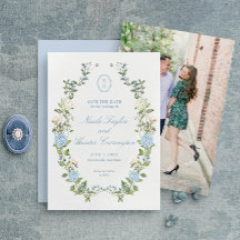 Elegant Blue Hydrangea Monogram Save the Date