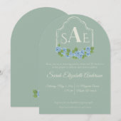 Elegant Blue Hydrangea Monogram Wappen Baby Shower Einladung (Vorne/Hinten)