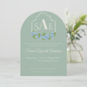 Elegant Blue Hydrangea Monogram Wappen Baby Shower Einladung (Stehend Vorderseite)
