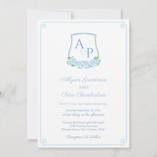 Elegant Blue Hydrangea Monogram Wappen Wedding Einladung (Vorderseite)