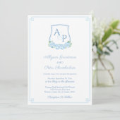 Elegant Blue Hydrangea Monogram Wappen Wedding Einladung (Stehend Vorderseite)
