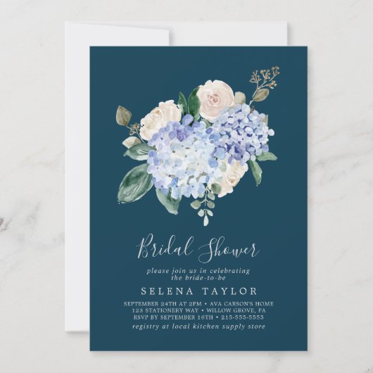 Elegant Blue Hydrangea | Navy Brautparty Einladung (Vorderseite)