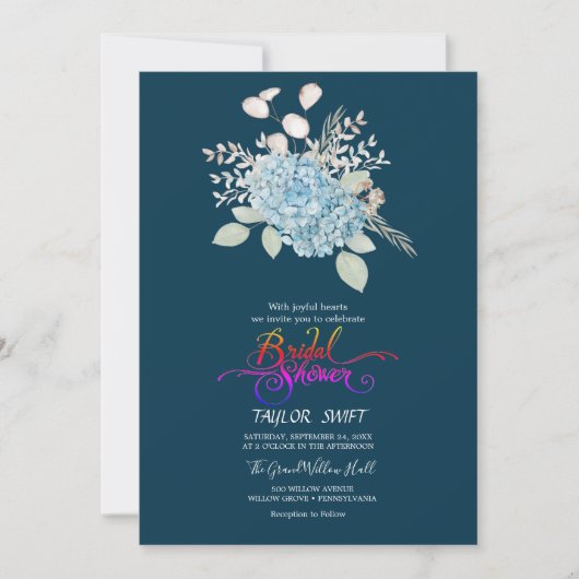 Elegant Blue Hydrangea | Navy Brautparty Einladung (Vorderseite)