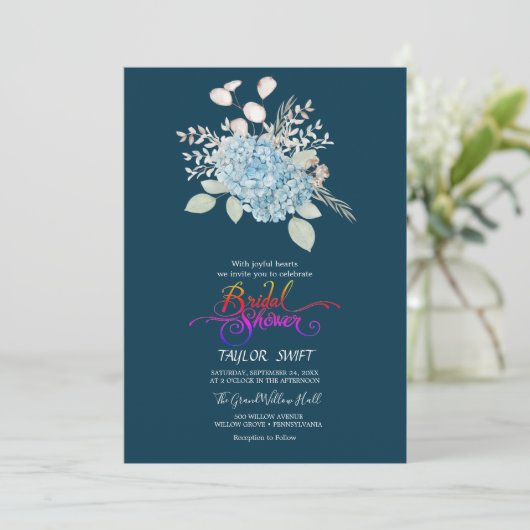 Elegant Blue Hydrangea | Navy Brautparty Einladung (Stehend Vorderseite)