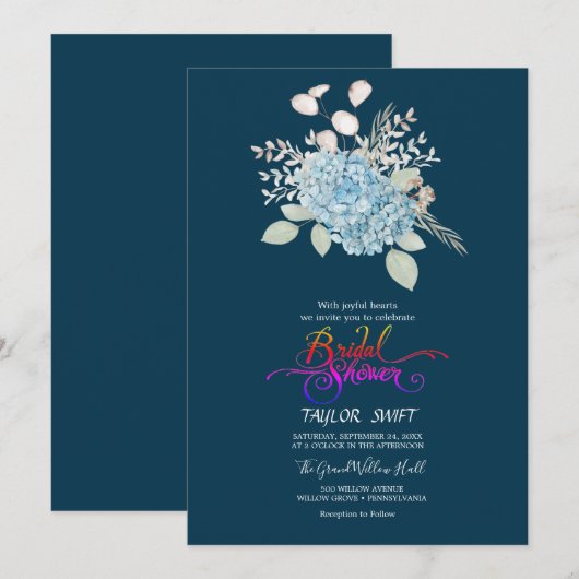 Elegant Blue Hydrangea | Navy Brautparty Einladung (Vorne/Hinten)