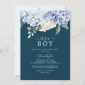 Elegant Blue Hydrangea Navy Es ist eine Baby-Dusch Einladung (Vorderseite)