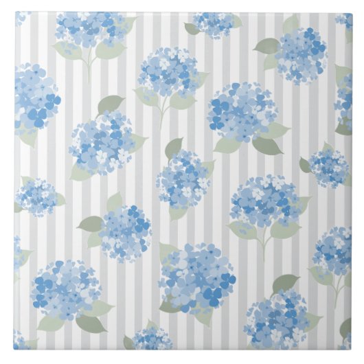 Elegant Blue Hydrangea Pattern Gray Stripe  Fliese (Vorderseite)