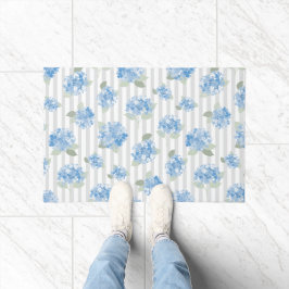 Elegant Blue Hydrangea Pattern Gray Stripe  Fußmatte