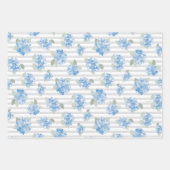 Elegant Blue Hydrangea Pattern Gray Stripe  Geschenkpapier Set (Vorderseite)