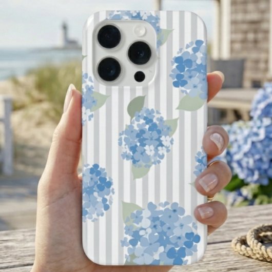 Elegant Blue Hydrangea Pattern Gray Stripe  iPhone Hülle