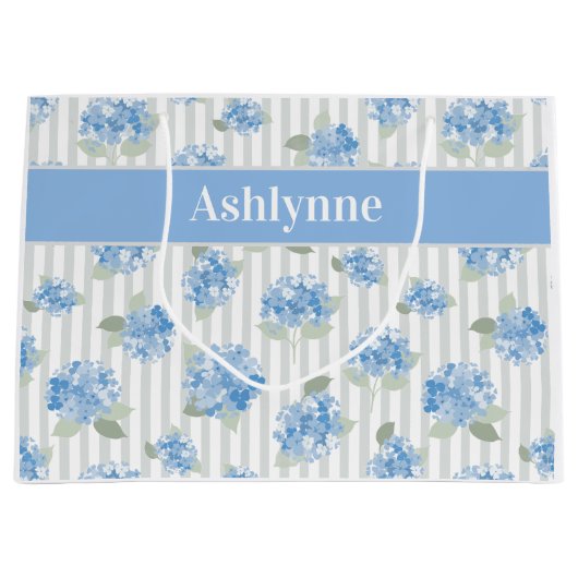 Elegant Blue Hydrangea Pattern Gray Stripe Name Große Geschenktüte (Vorderseite)