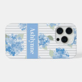 Elegant Blue Hydrangea Pattern Gray Stripe Name iPhone Hülle (Rückseite (Horizontal))