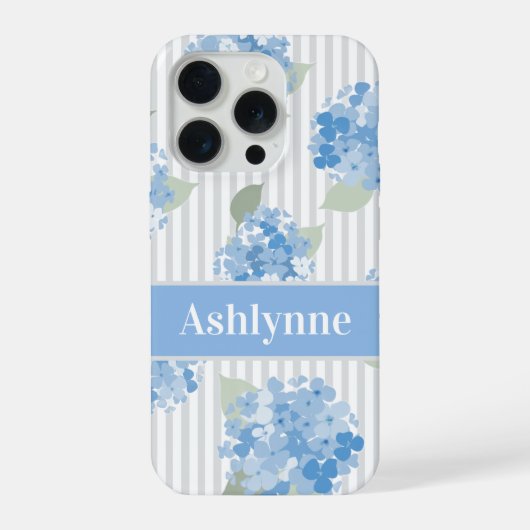 Elegant Blue Hydrangea Pattern Gray Stripe Name iPhone Hülle (Rückseite)