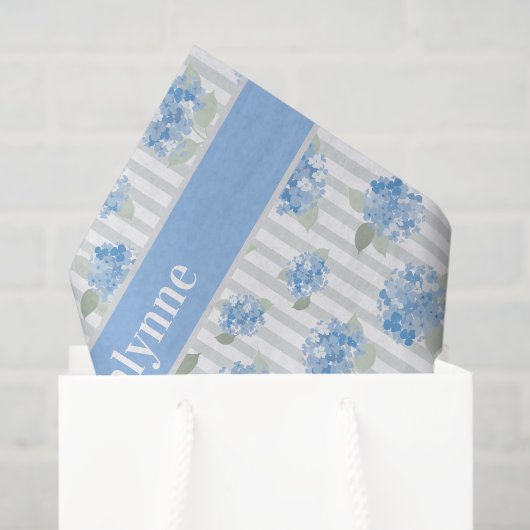 Elegant Blue Hydrangea Pattern Gray Stripe Name Seidenpapier (Geschenktüte)