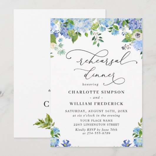 Elegant Blue Hydrangea PROBE DINNER Einladung (Vorne/Hinten)