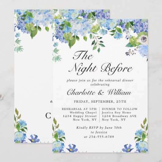 Elegant Blue Hydrangea Probe Dinner Einladung (Vorne/Hinten)