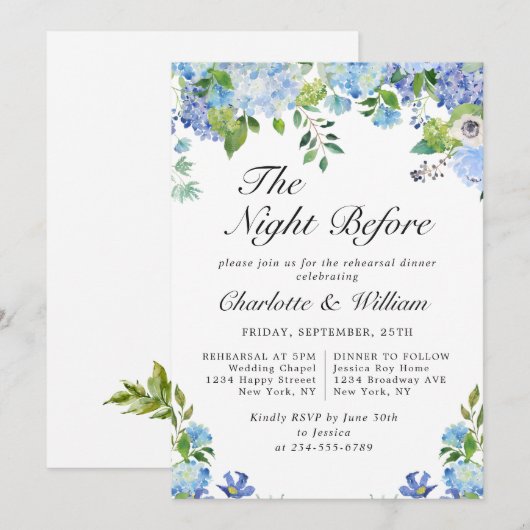 Elegant Blue Hydrangea Probe Dinner Einladung (Vorne/Hinten)