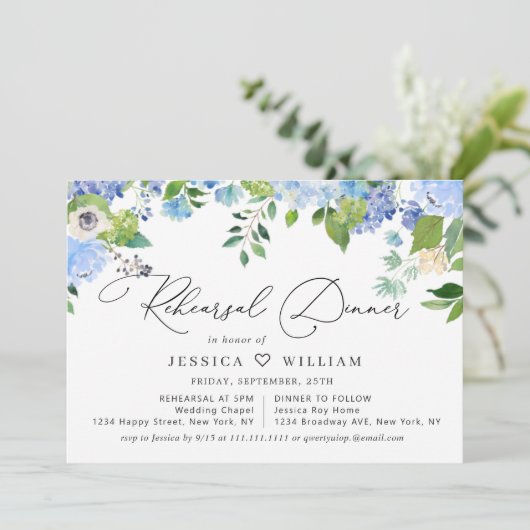 Elegant Blue Hydrangea PROBE DINNER Einladung (Stehend Vorderseite)