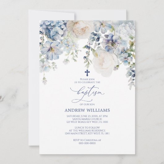 Elegant Blue Hydrangea & Rose Taufe Einladung (Vorderseite)