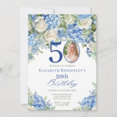Elegant Blue Hydrangea Roses Photo Birthday Party Einladung (Vorderseite)