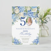 Elegant Blue Hydrangea Roses Photo Birthday Party Einladung (Stehend Vorderseite)