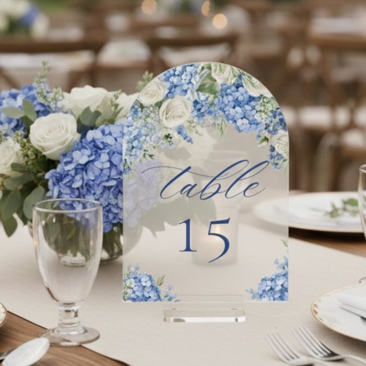 Elegant Blue Hydrangea Roses Wedding Table Number Acryleinladungen