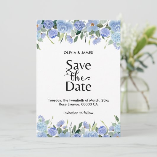 Elegant Blue Hydrangea Save The Date (Stehend Vorderseite)