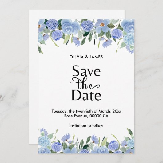 Elegant Blue Hydrangea Save The Date (Vorne/Hinten)